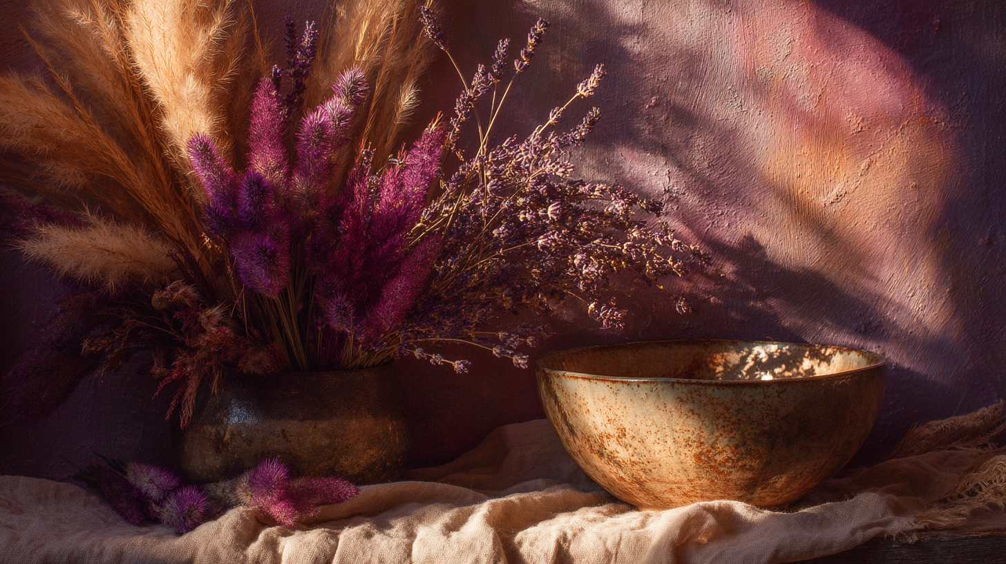 Botanical still life with dried herbs and a ceramic bowl, warm and grounding